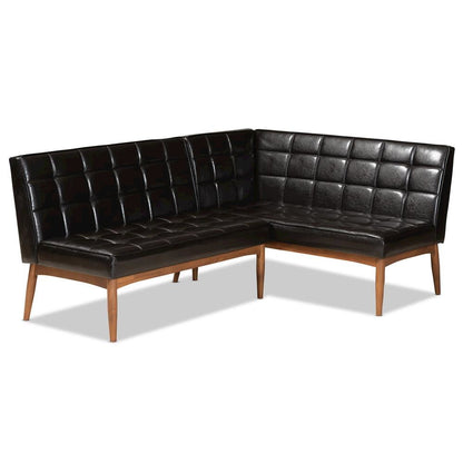 Leather Upholstered Walnut Brown Finished Wood 2-Piece Dining Nook Banquette Set