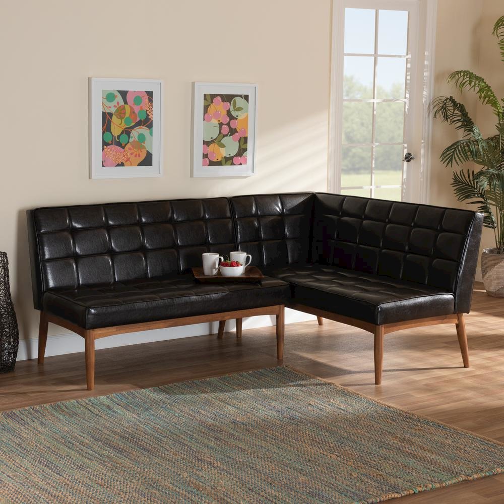 Leather Upholstered Walnut Brown Finished Wood 2-Piece Dining Nook Banquette Set