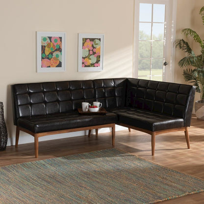 Leather Upholstered Walnut Brown Finished Wood 2-Piece Dining Nook Banquette Set
