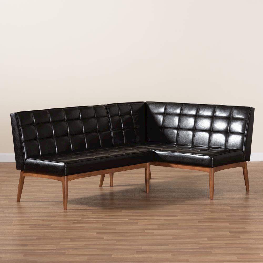 Leather Upholstered Walnut Brown Finished Wood 2-Piece Dining Nook Banquette Set