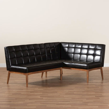 Leather Upholstered Walnut Brown Finished Wood 2-Piece Dining Nook Banquette Set