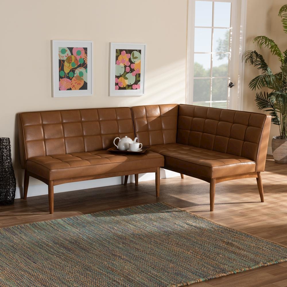 Upholstered and Walnut Brown Finished Wood 2-Piece Dining Nook Banquette Set