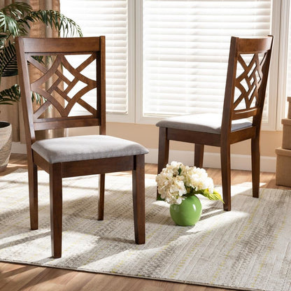 Grey Fabric Upholstered and Walnut Brown Finished Wood 2-Piece Dining Chair Set