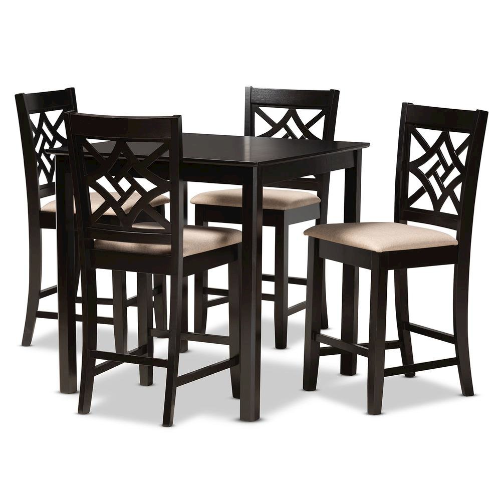 Sand Fabric Upholstered and Dark Brown Finished Wood 5-Piece Pub Set