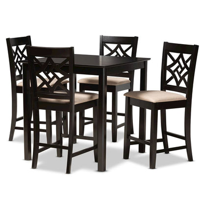 Sand Fabric Upholstered and Dark Brown Finished Wood 5-Piece Pub Set