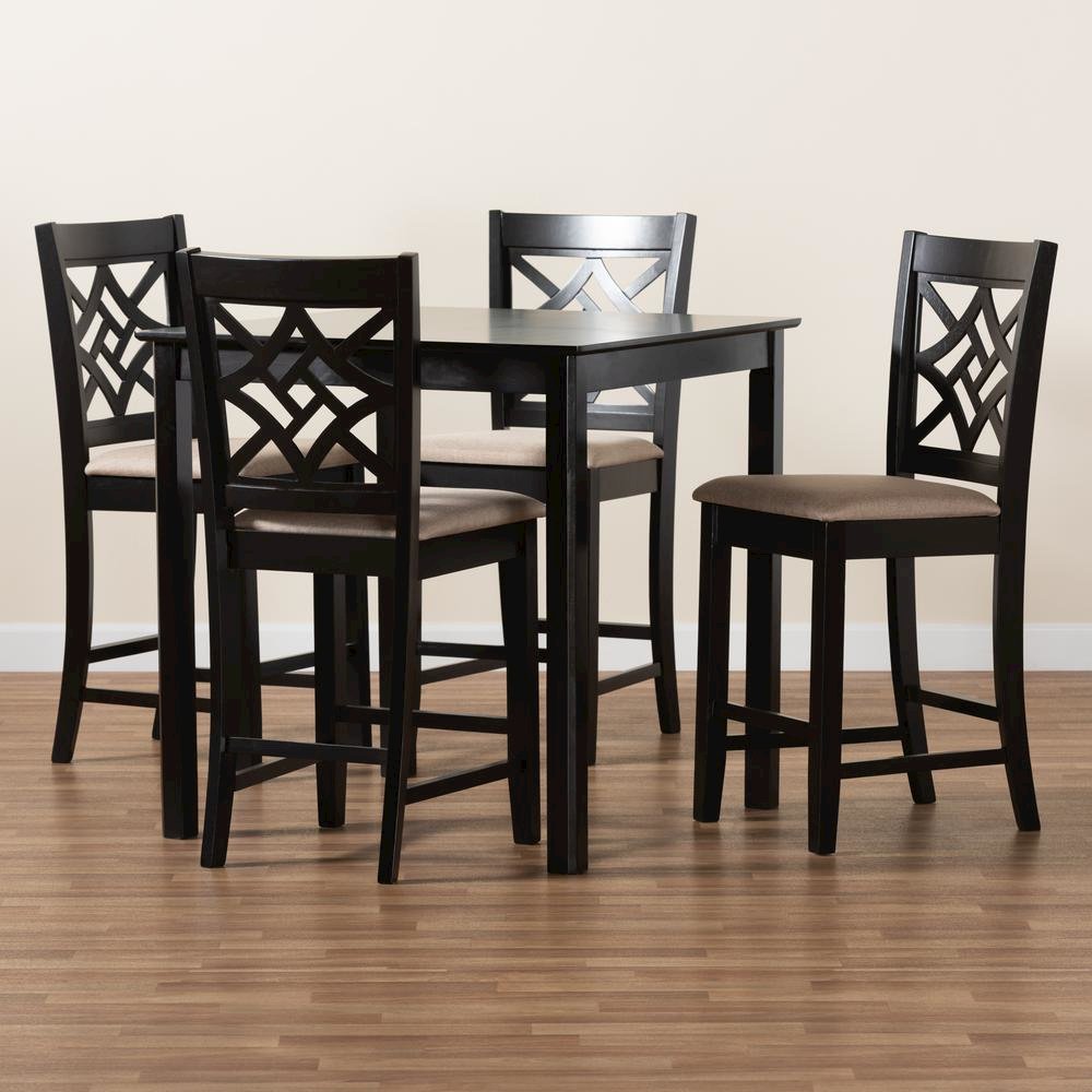 Sand Fabric Upholstered and Dark Brown Finished Wood 5-Piece Pub Set