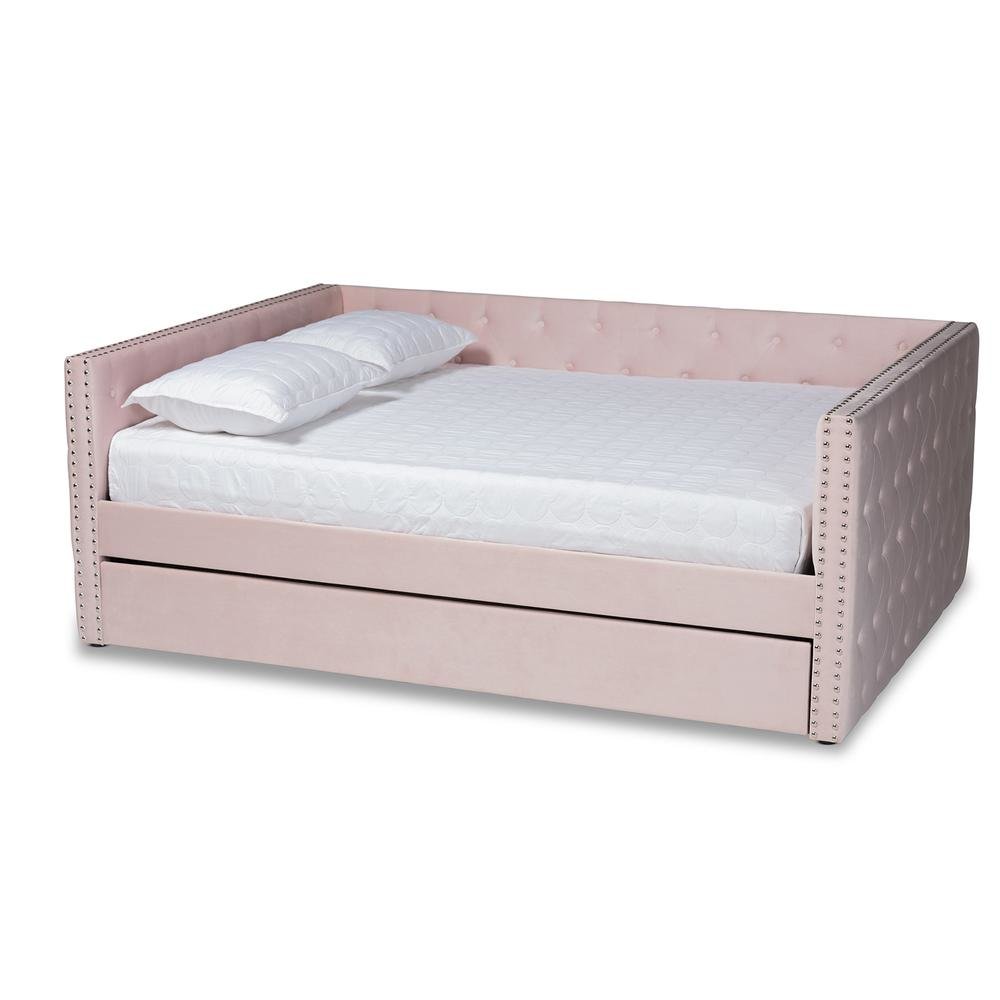 Pink Velvet Fabric Upholstered Full Size Daybed with Trundle