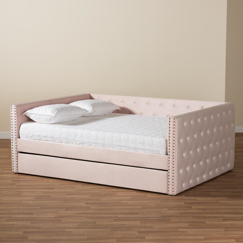 Pink Velvet Fabric Upholstered Full Size Daybed with Trundle