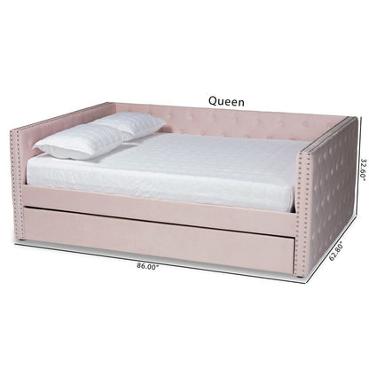 Pink Velvet Fabric Upholstered Full Size Daybed with Trundle