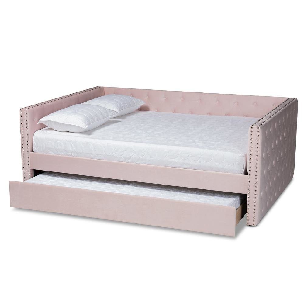 Pink Velvet Fabric Upholstered Full Size Daybed with Trundle