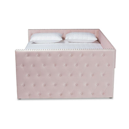 Pink Velvet Fabric Upholstered Full Size Daybed with Trundle