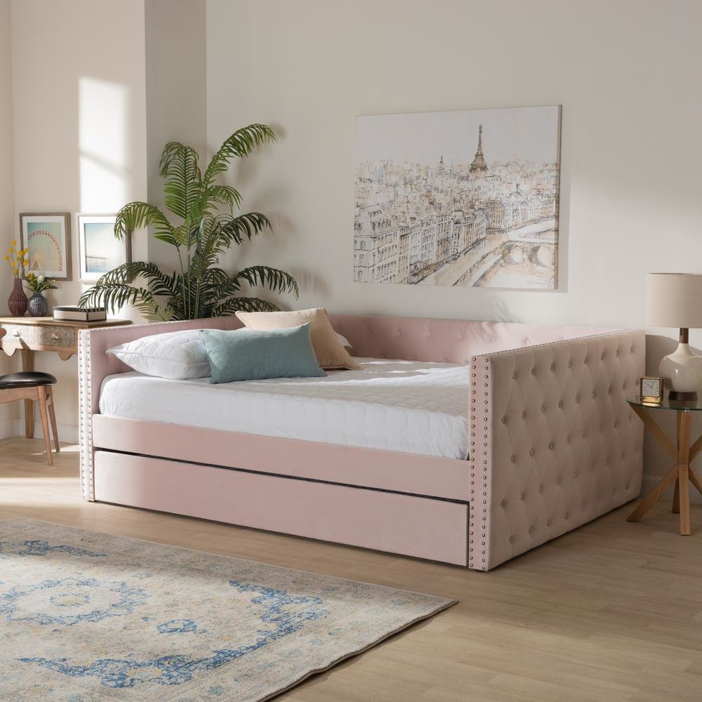 Pink Velvet Fabric Upholstered Full Size Daybed with Trundle