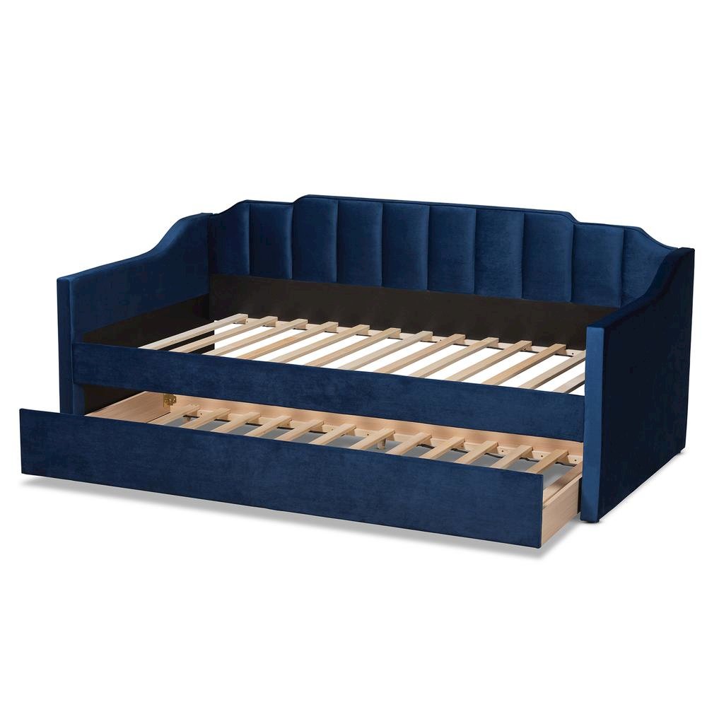 Navy Blue Velvet Fabric Upholstered Twin Size Daybed with Trundle