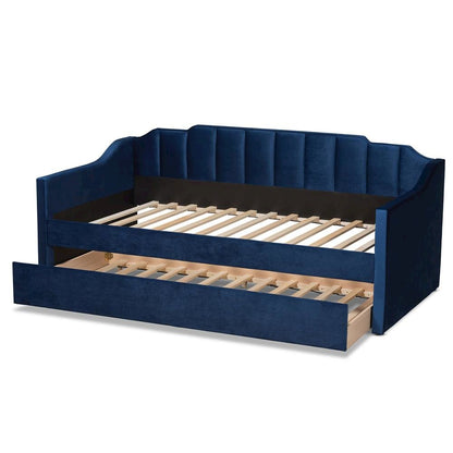 Navy Blue Velvet Fabric Upholstered Twin Size Daybed with Trundle