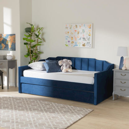 Navy Blue Velvet Fabric Upholstered Twin Size Daybed with Trundle