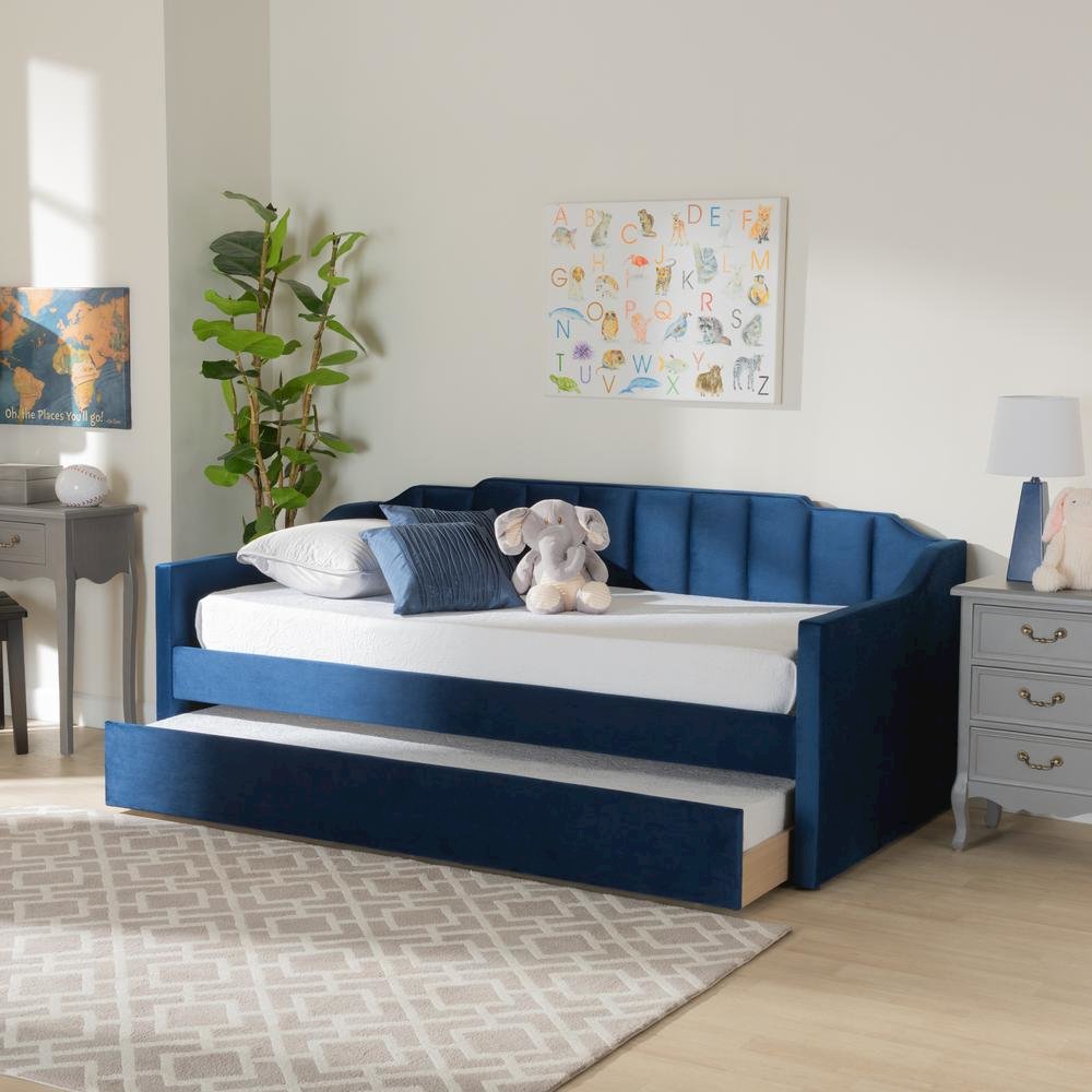 Navy Blue Velvet Fabric Upholstered Twin Size Daybed with Trundle
