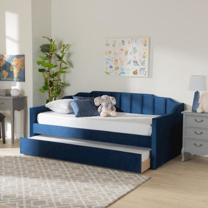 Navy Blue Velvet Fabric Upholstered Twin Size Daybed with Trundle