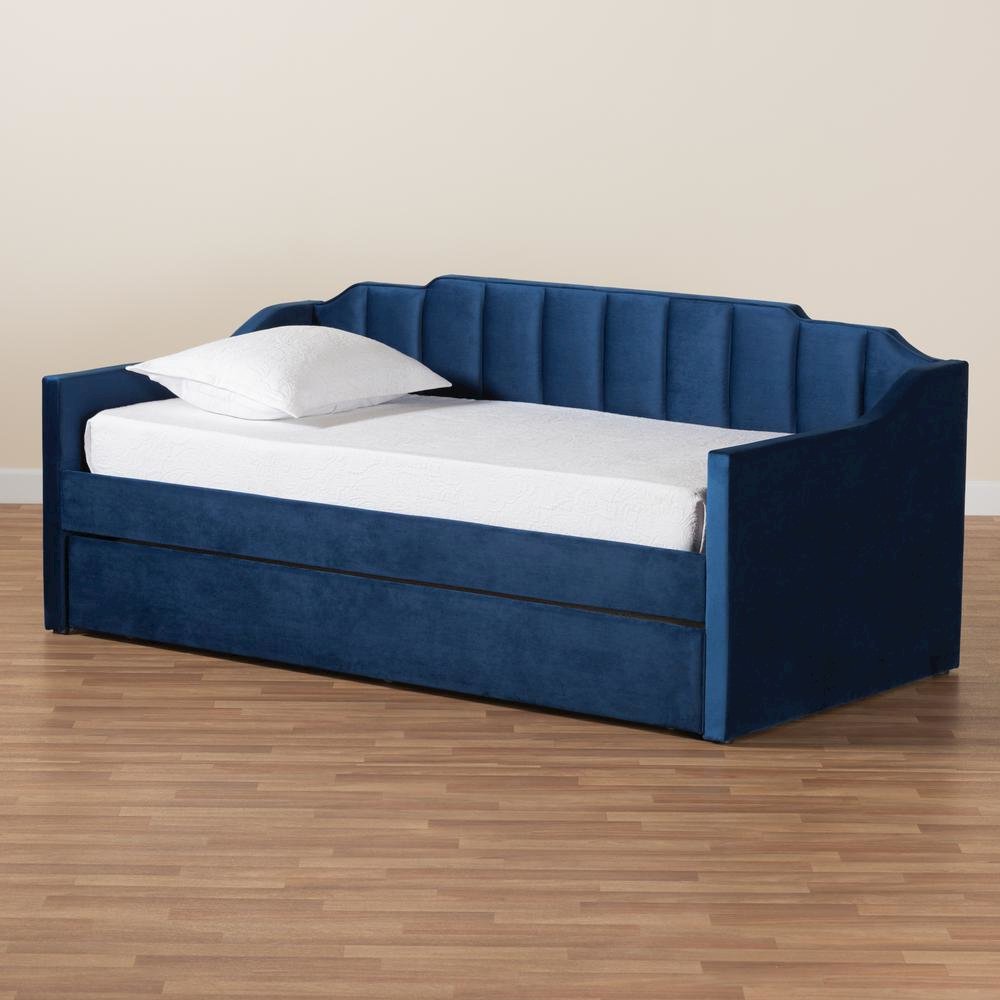 Navy Blue Velvet Fabric Upholstered Twin Size Daybed with Trundle