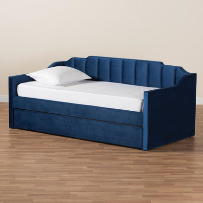 Navy Blue Velvet Fabric Upholstered Twin Size Daybed with Trundle