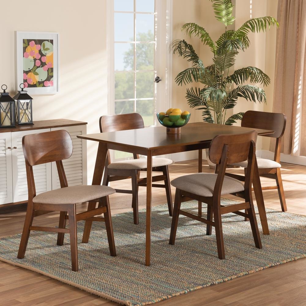Sand Fabric Upholstered and Walnut Brown Finished Wood 5-Piece Dining Set