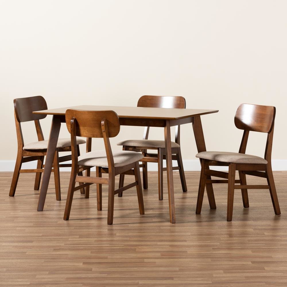 Sand Fabric Upholstered and Walnut Brown Finished Wood 5-Piece Dining Set