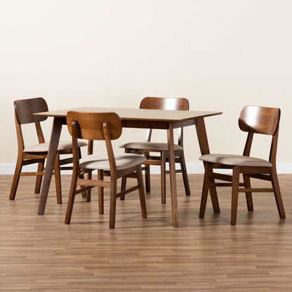 Sand Fabric Upholstered and Walnut Brown Finished Wood 5-Piece Dining Set
