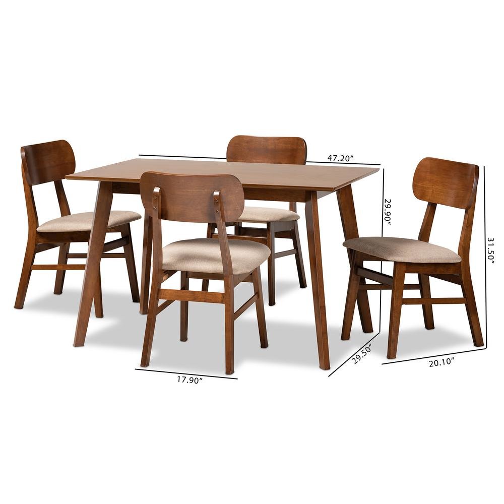 Sand Fabric Upholstered and Walnut Brown Finished Wood 5-Piece Dining Set