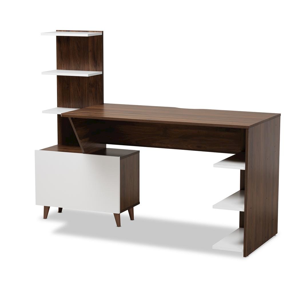 Two-Tone White and Walnut Brown Finished Wood Storage Computer Desk with Shelves