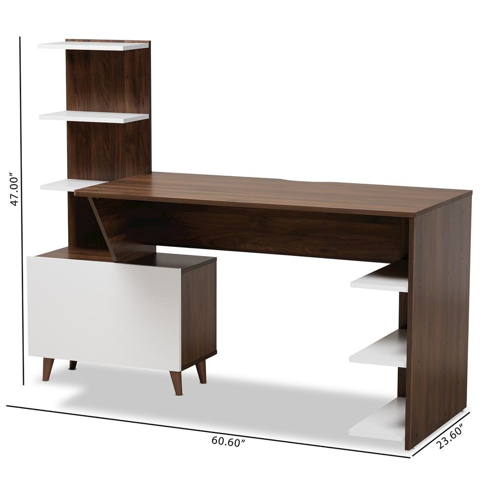 Two-Tone White and Walnut Brown Finished Wood Storage Computer Desk with Shelves