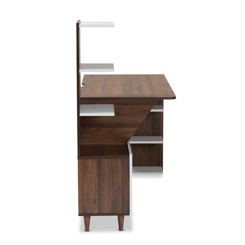 Two-Tone White and Walnut Brown Finished Wood Storage Computer Desk with Shelves