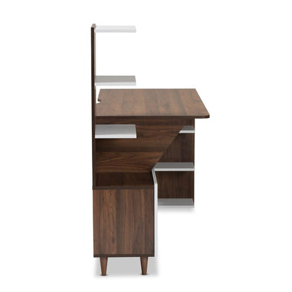 Two-Tone White and Walnut Brown Finished Wood Storage Computer Desk with Shelves