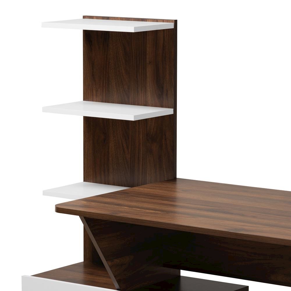 Two-Tone White and Walnut Brown Finished Wood Storage Computer Desk with Shelves