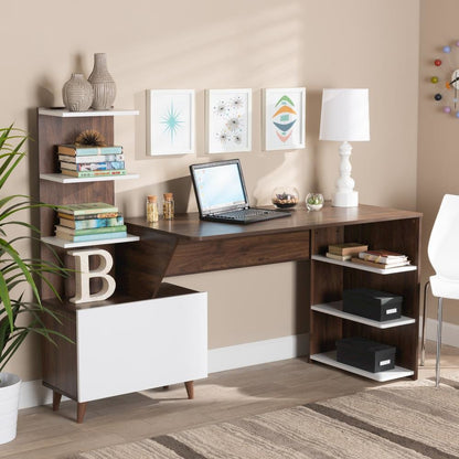 Two-Tone White and Walnut Brown Finished Wood Storage Computer Desk with Shelves