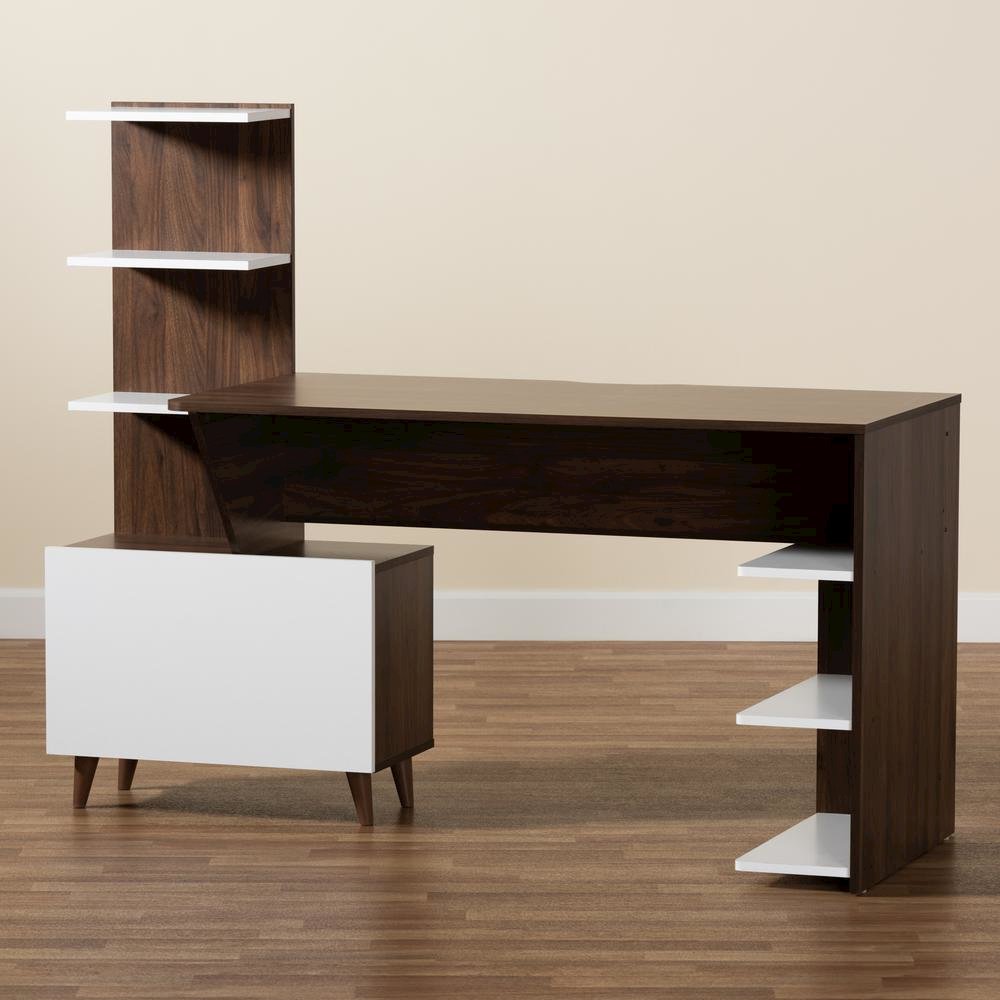Two-Tone White and Walnut Brown Finished Wood Storage Computer Desk with Shelves