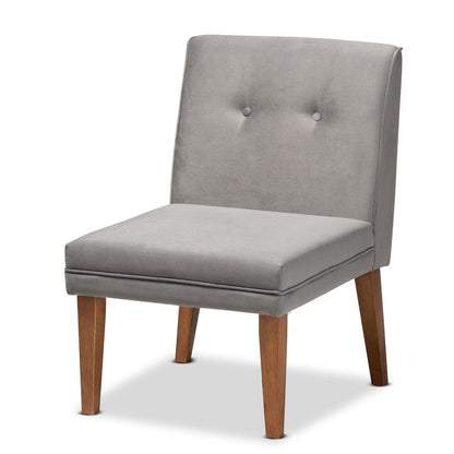 Grey Velvet Upholstered and Walnut Brown Finished Wood Dining Chair