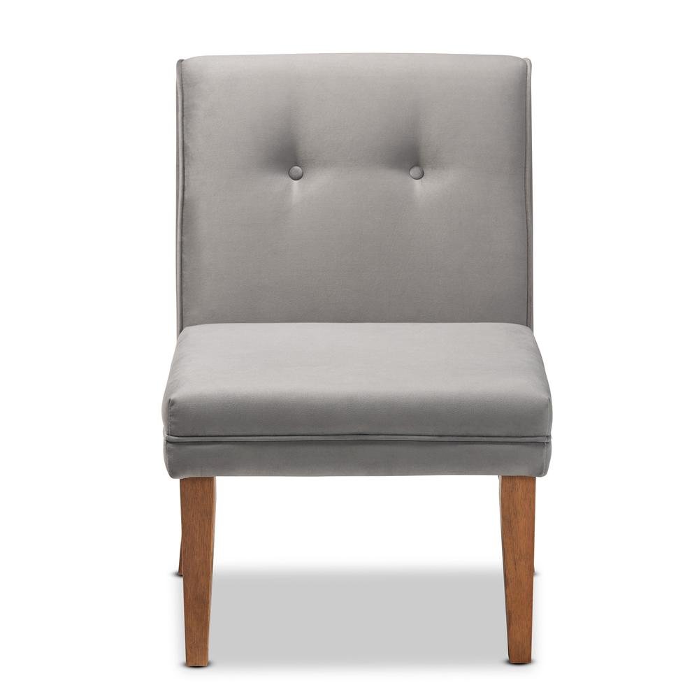 Grey Velvet Upholstered and Walnut Brown Finished Wood Dining Chair