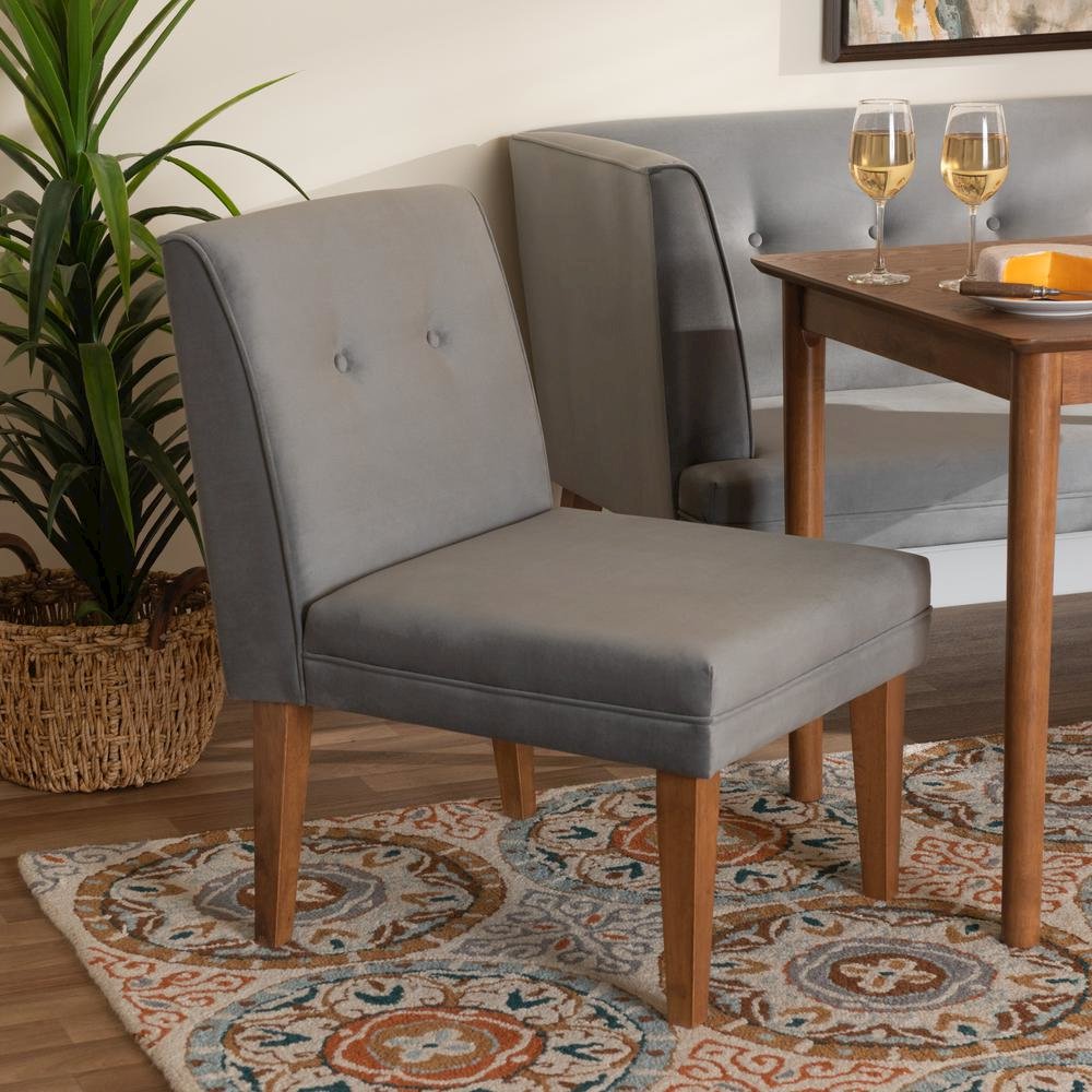 Grey Velvet Upholstered and Walnut Brown Finished Wood Dining Chair