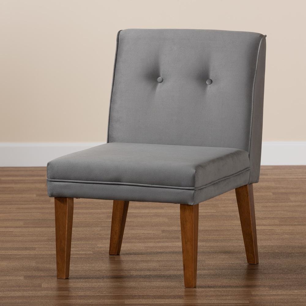 Grey Velvet Upholstered and Walnut Brown Finished Wood Dining Chair