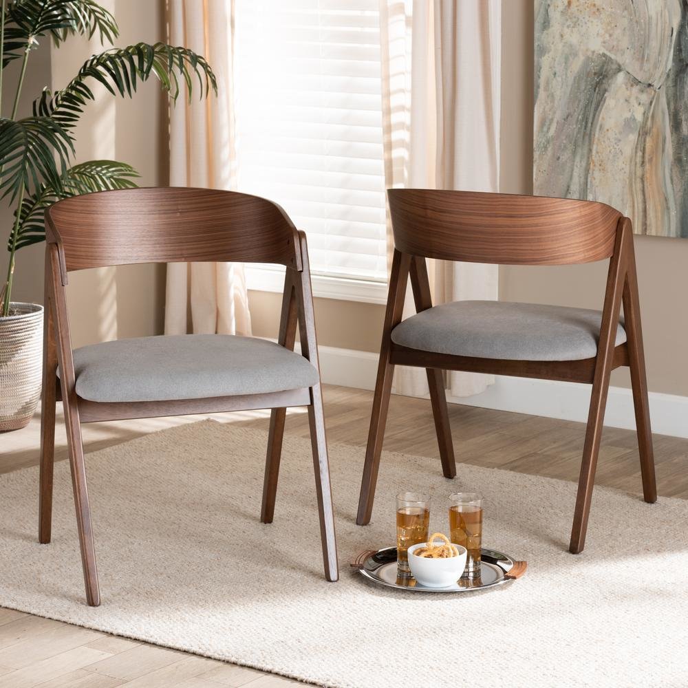 Grey Fabric Upholstered and Walnut Brown Finished Wood 2-Piece Dining Chair Set