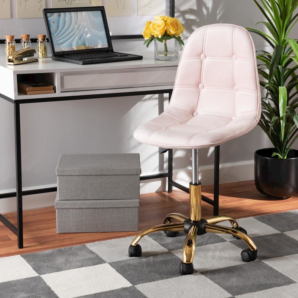 Glam and Luxe Blush Pink Velvet Fabric and Gold Metal Swivel Office chair