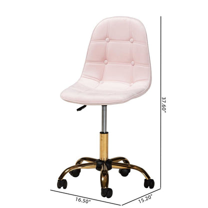 Glam and Luxe Blush Pink Velvet Fabric and Gold Metal Swivel Office chair