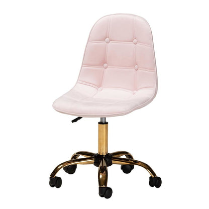 Glam and Luxe Blush Pink Velvet Fabric and Gold Metal Swivel Office chair