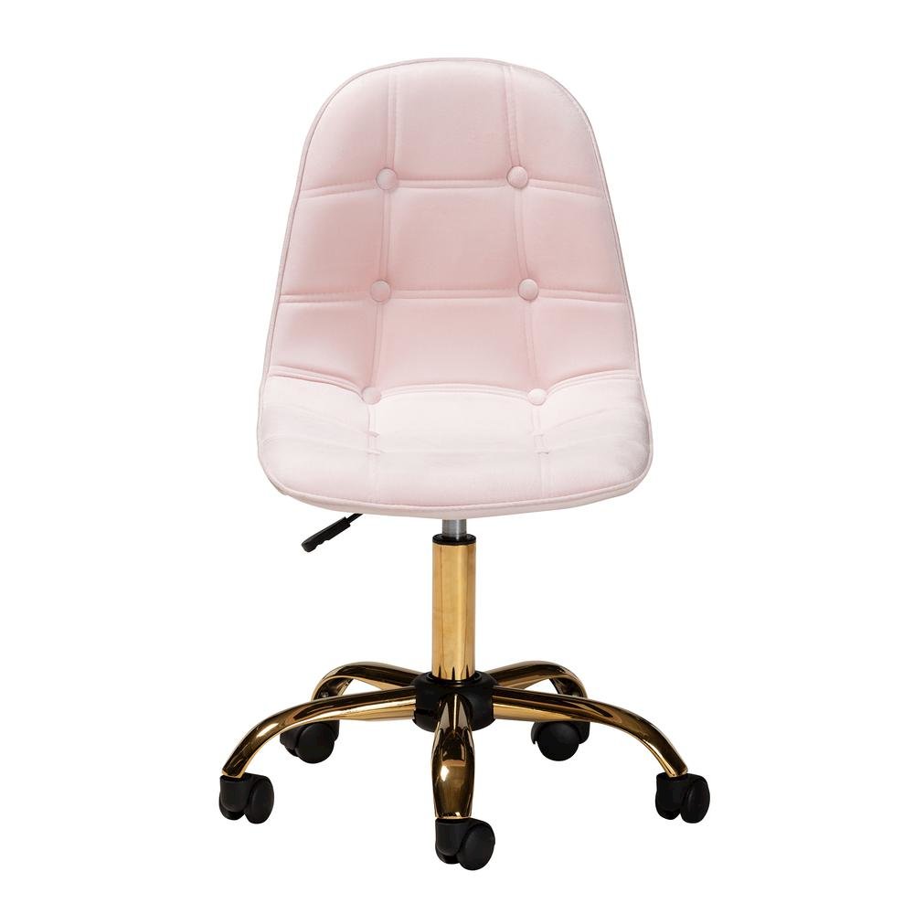 Glam and Luxe Blush Pink Velvet Fabric and Gold Metal Swivel Office chair