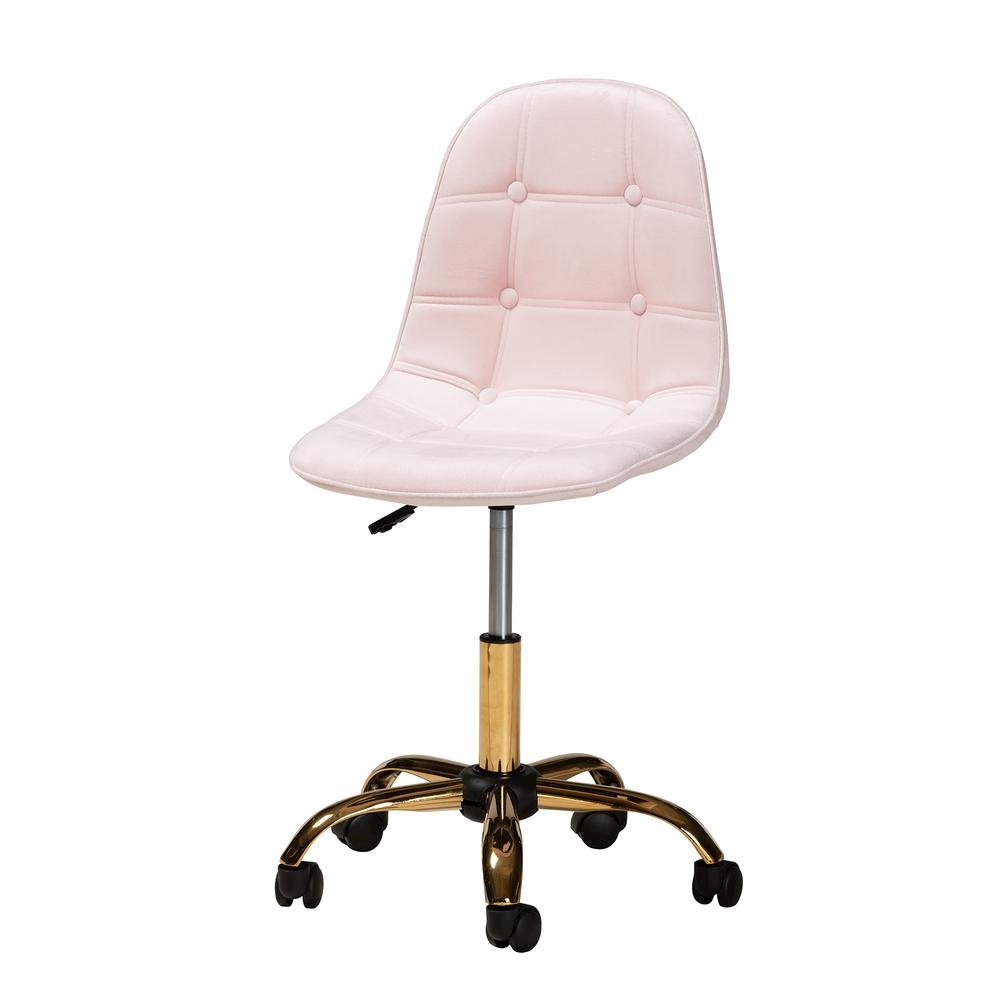 Glam and Luxe Blush Pink Velvet Fabric and Gold Metal Swivel Office chair