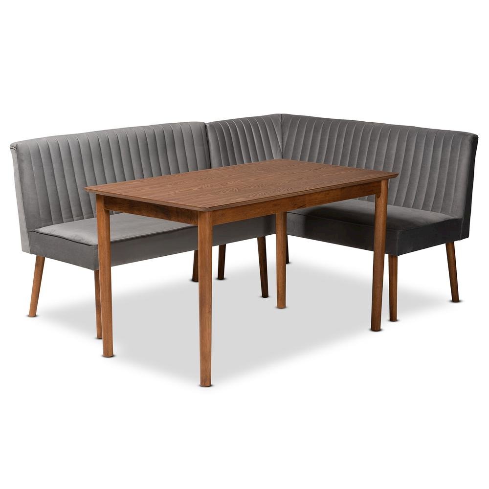 Grey Velvet Upholstered and Walnut Brown Finished Wood 3-Piece Dining Nook Set