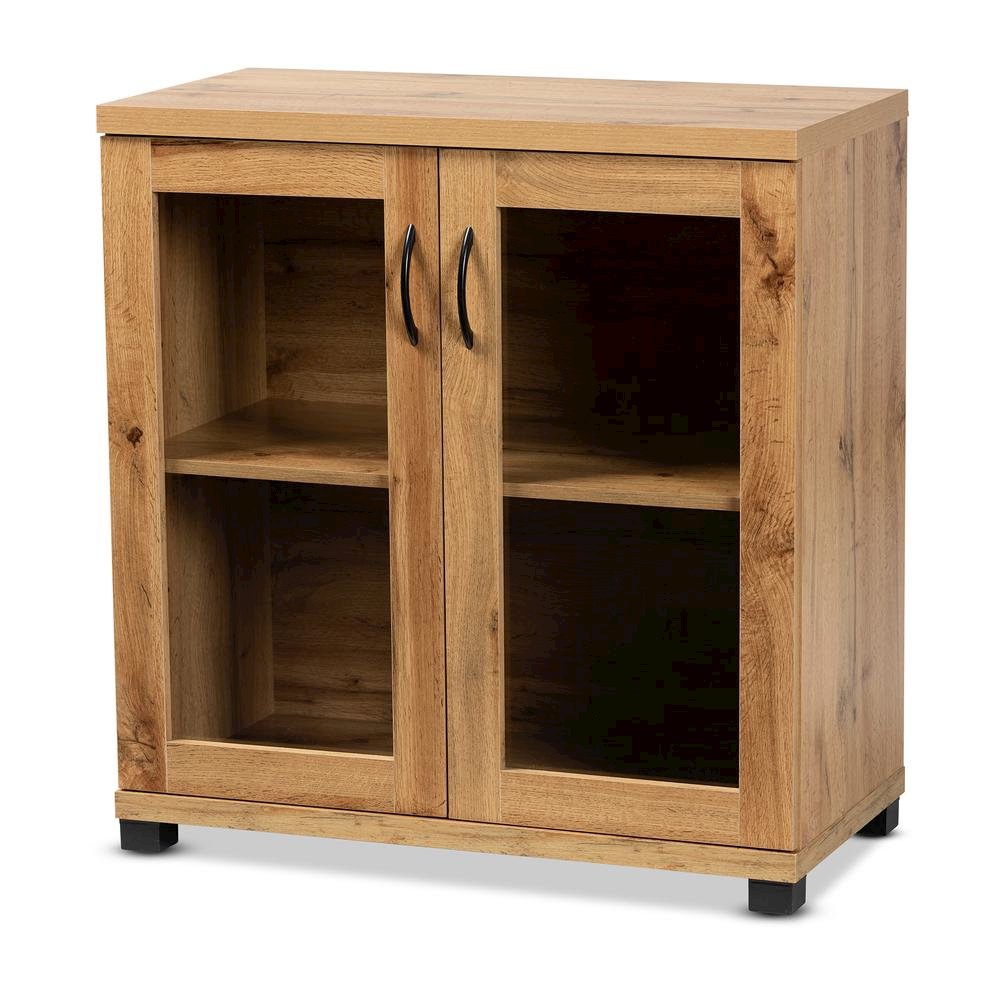 Oak Brown Finished Wood 2-Door Storage Cabinet with Glass Doors