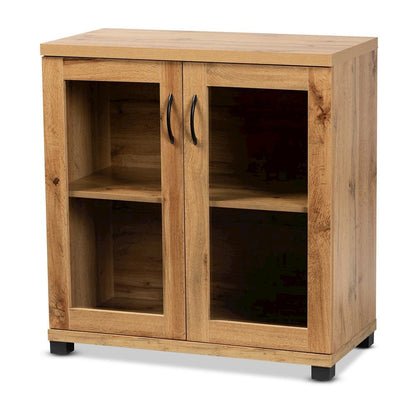 Oak Brown Finished Wood 2-Door Storage Cabinet with Glass Doors