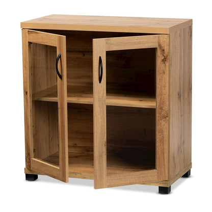 Oak Brown Finished Wood 2-Door Storage Cabinet with Glass Doors