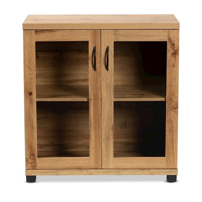 Oak Brown Finished Wood 2-Door Storage Cabinet with Glass Doors