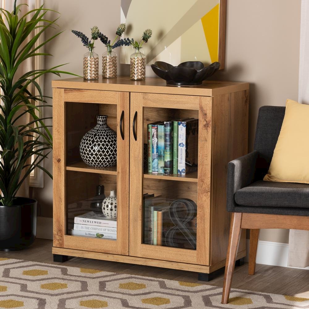 Oak Brown Finished Wood 2-Door Storage Cabinet with Glass Doors